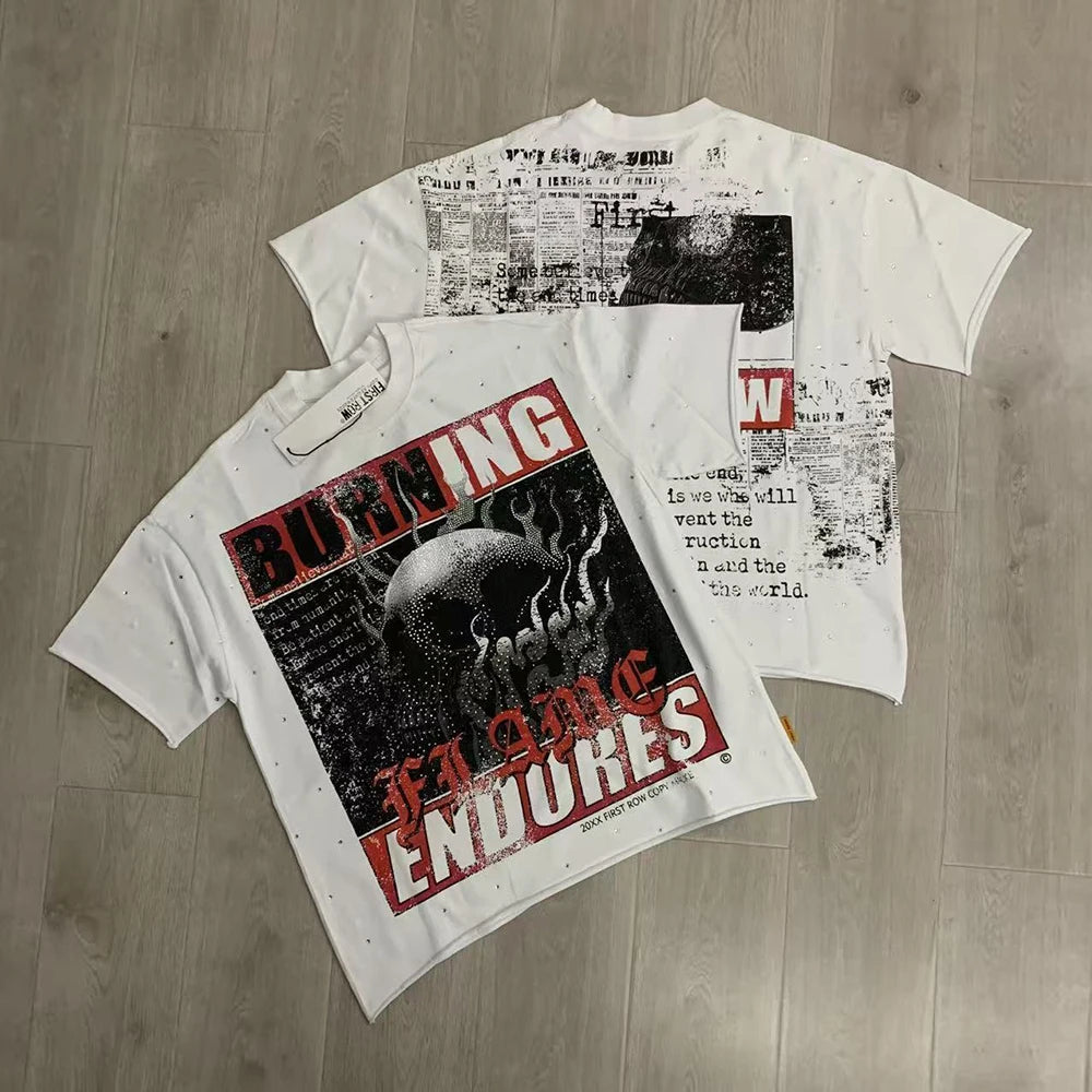 Streetwear Vintage Washed Diamond Cropped Tee for Men Crew Neck Short Sleeve Loose Cotton Rhineston Tshirts Oversized Quick Pick Grocers