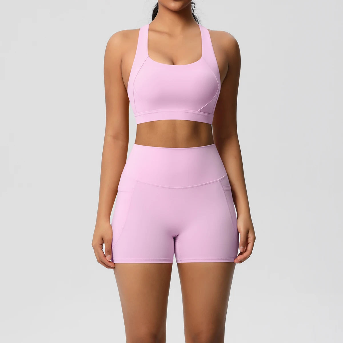 2PCS Sportswear With Pocketed Yoga Set Gym Clothes Yoga Suits For Women Tracksuits Sports Shorts Crossover Bra Gym Leggings Quick Pick Grocers