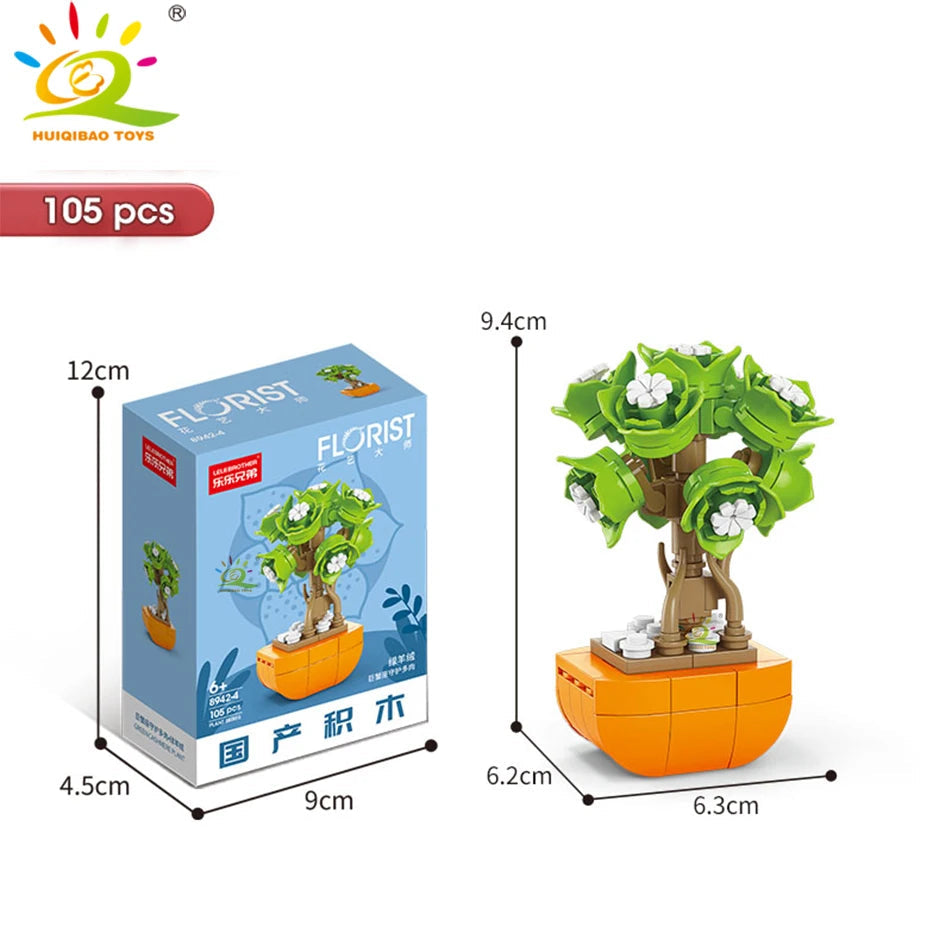 HUIQIBAO MOC Flower Succulent Potted Model Building Block DIY Eternal Bouquet Home Desk Plant Decor Brick Girl Gift Children Toy Quick Pick Grocers