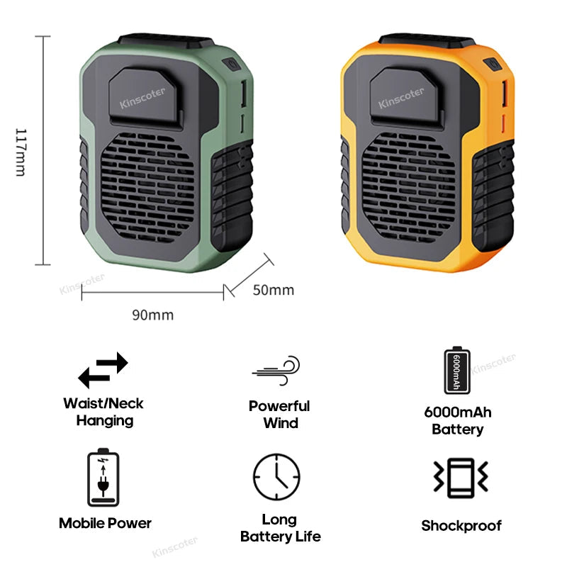 Kinscoter 6000mAh Hanging Neck/Waist Fan USB Mini Portable Rechargeable Fan For Outdoor Camping Hiking Climbing Running Sports Quick Pick Grocers