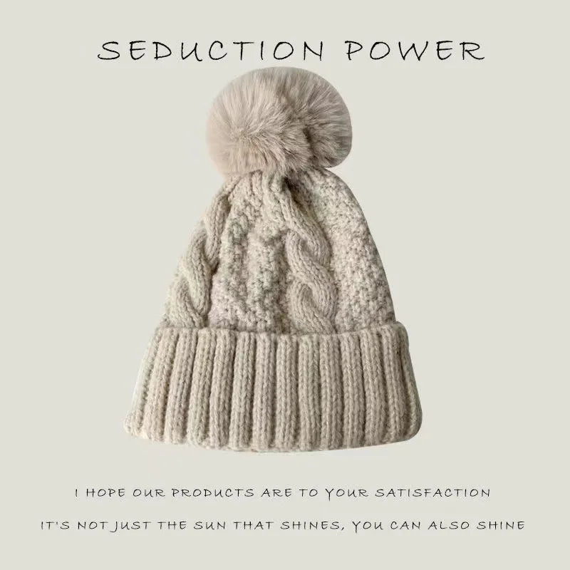 New Winter Twist Knitting Hat For Women Fur Pompom Thick Plush Cap Beanie Solid Color Ladies Warm Ski Snow Skullies Beanies Purest Peak