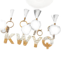 Creative Resin Initials White Fringe Fur Ball Women Keychain A-Z Letter Pendant Handbag Decor Car Key Ring Jewelry Gift Quick Pick Grocers