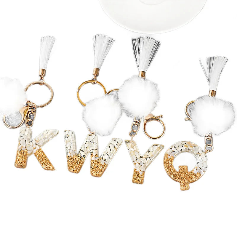 Creative Resin Initials White Fringe Fur Ball Women Keychain A-Z Letter Pendant Handbag Decor Car Key Ring Jewelry Gift Quick Pick Grocers