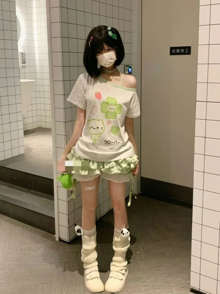 Ezgaga Harajuku T Shirts Women Cartoon Sweet Diagonal Collar Short Sleeve Off Shoulder Funny Tops Female Y2k Ladies Tshirts Quick Pick Grocers