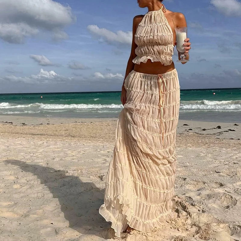 Women Boho Sexy Backless Matching Suit 2 Piece Beach Holiday Outfits Vintage Ruched Halter Cami Tops + Maxi Long Skirt Party Quick Pick Grocers
