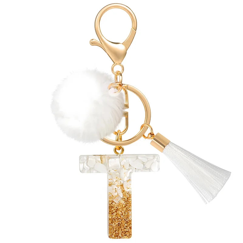 Creative Resin Initials White Fringe Fur Ball Women Keychain A-Z Letter Pendant Handbag Decor Car Key Ring Jewelry Gift Quick Pick Grocers