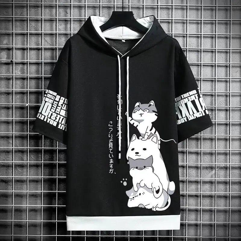 Japan Fashion Men's Hoodies Summer Men Clothing Cartoon Casual Harajuku Streetwear Print Hooded Top Short Sleeve Sweatshirts Men Quick Pick Grocers