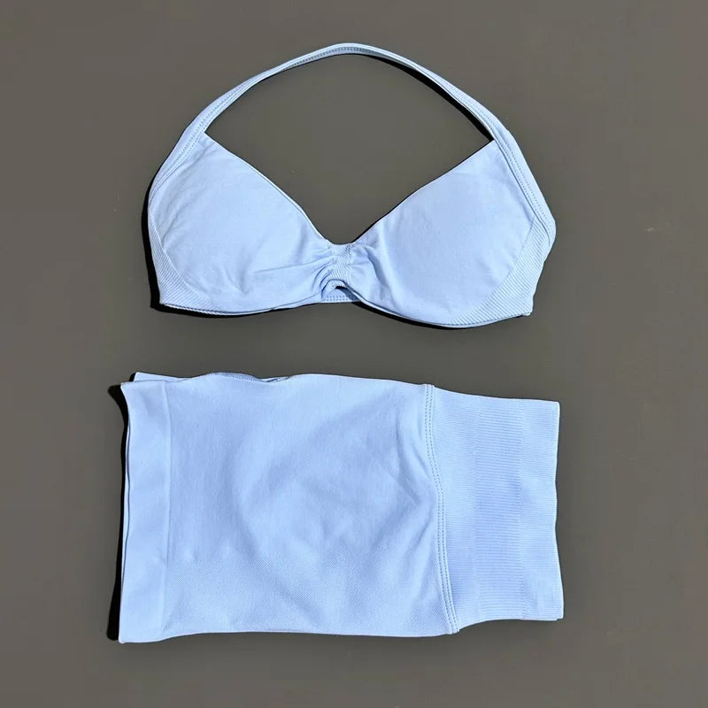 HISTELLO Gym Set 2 Piece Women Strappy Yoga Bra Top Workout Scrunch Shorts Sports Suit Fitness Clothes Seamless Yoga Set Quick Pick Grocers