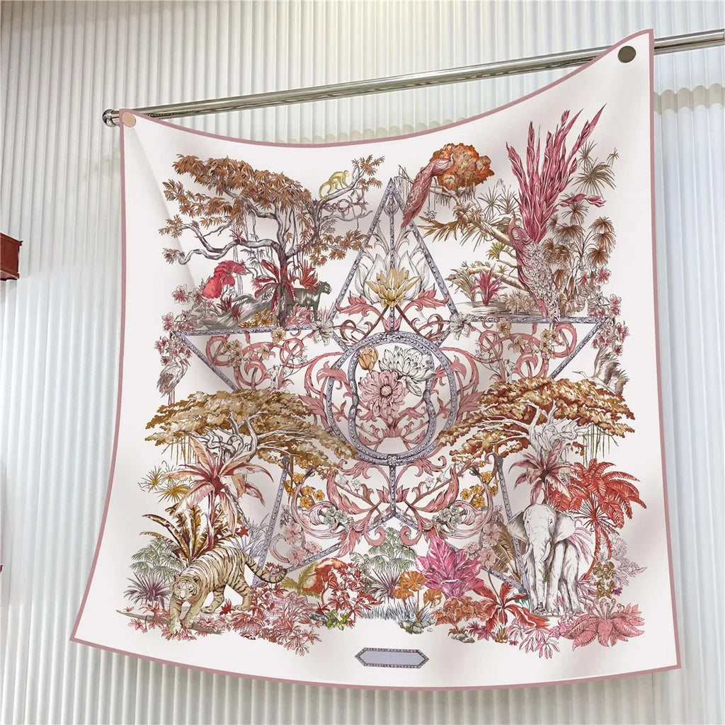 90Cm French Jungle Large Square Scarf Decorative Fashion Trend Flowers High Quality Twill Silk Travel Shawl Sunscreen Quick Pick Grocers