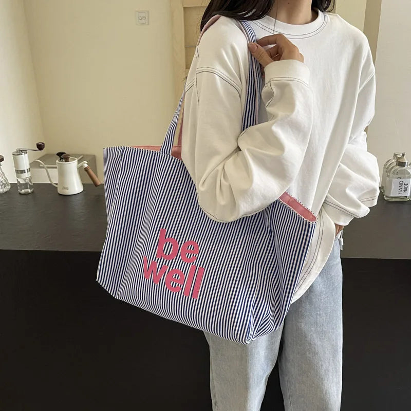 Casual Large Stripe Women's Shoulder Bag 2025 New Fashion Commuter Tote Bag High Capaci Canvas Handbag for Youth bolso mujer Quick Pick Grocers