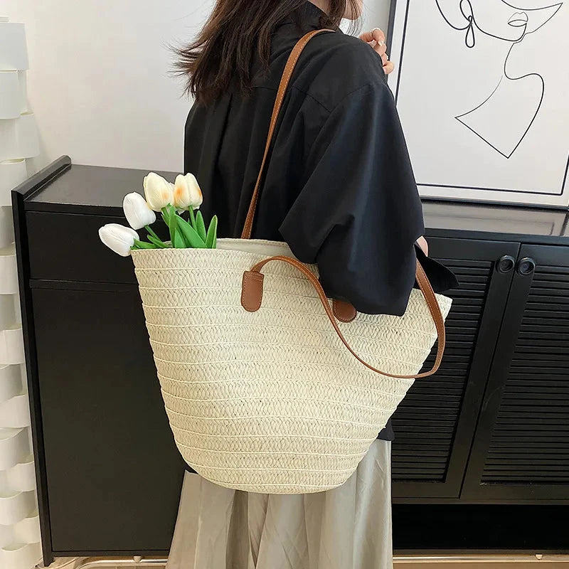 Women's Large Capacity Shoulder Bag Summer Straw Woven Basket Handbag Fashion Female Luxury Designer Beach Bag Bali Shopper Tote Econic Blanks