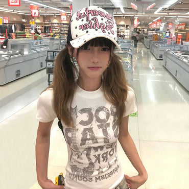 Karrram Japanese Y2k Letter Print T-shirt 2000s Style Short Sleeve Crop Top Vintage Harajuku Ribbed Tee Shirt American Retro 90s Quick Pick Grocers