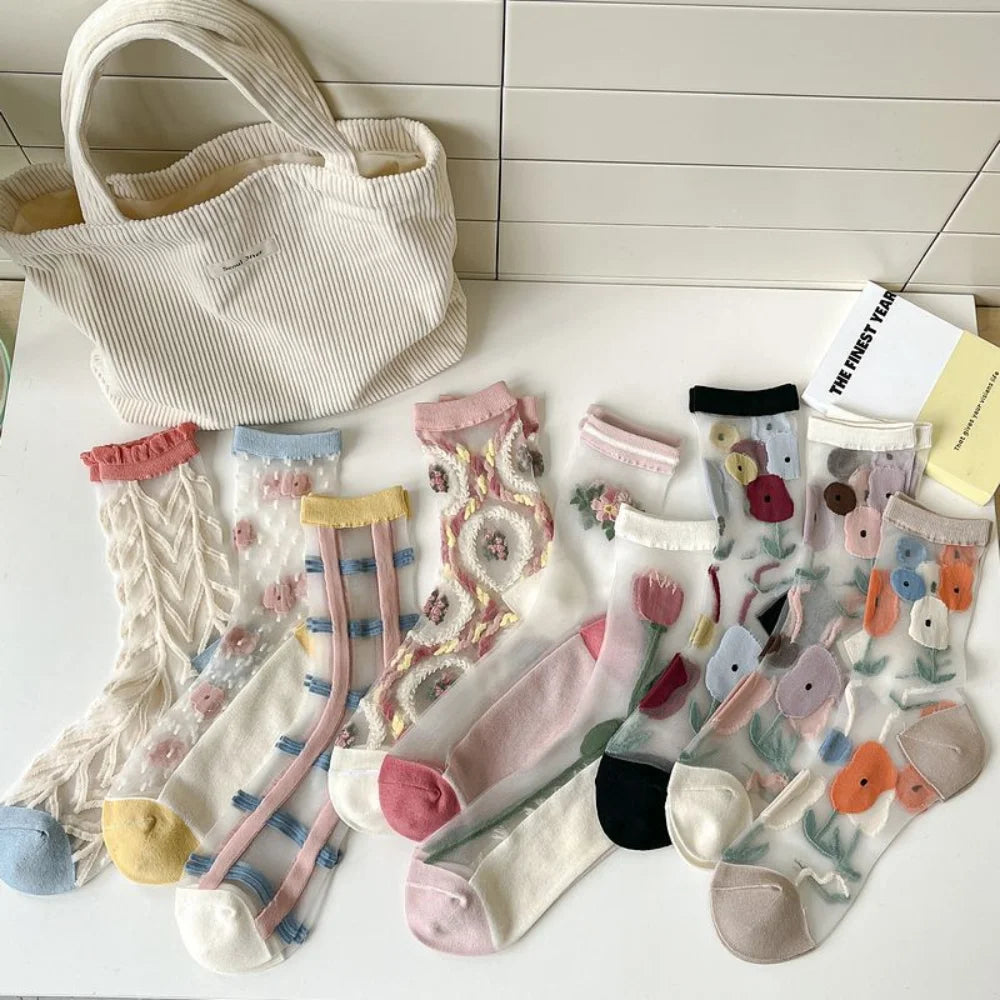 Fashion Socks For Women Summer Breathable Trendy Casual Socks Cute Fashion Korean Style Transparent Lace Sweet Socks Quick Pick Grocers