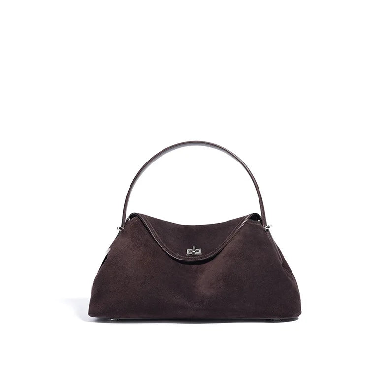 2026 Autumn Winter All-match Bowling Tote All-match Matte Suede Cowhide Leather Women Shoulder Bag Coffee Purple Noble Handbag Quick Pick Grocers