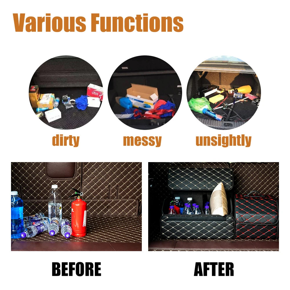 Car Trunk Organizer Box, Large Capacity, Auto Multiuse Tools, Storage Bag, Stowing, Tidying, Leather, Folding for Emergency Quick Pick Grocers