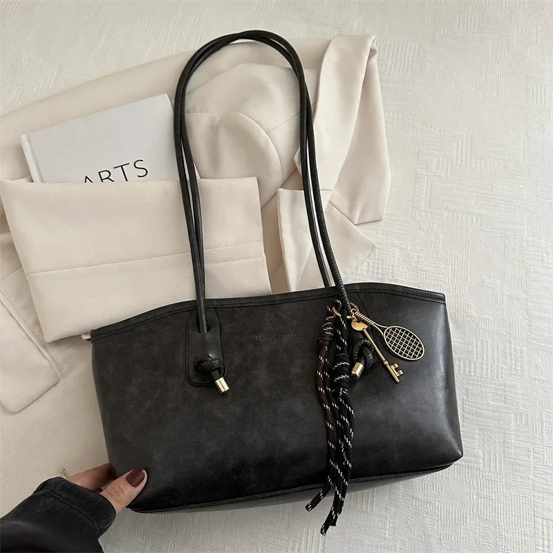 European American Retro Tote Bag, Korean Fashion Shoulder Bags Advanced Simple Handbag New Large Capacity Pendant Versatile Bags Quick Pick Grocers