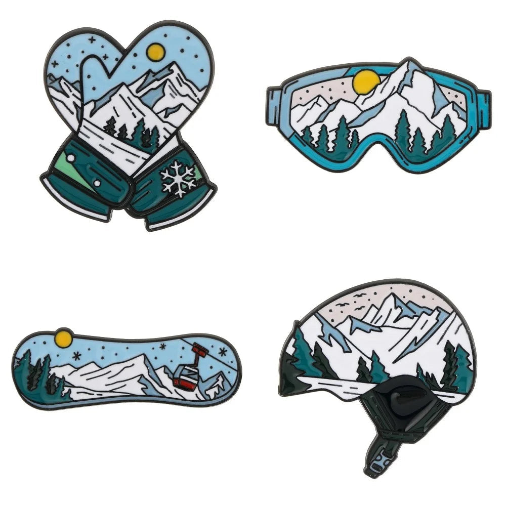 Sports Snow Mountain Pattern Ski Theme Enamel Brooches Skateboard Gloves Helmet Goggles Shaped Pins Winter Badge Jewelry Quick Pick Grocers