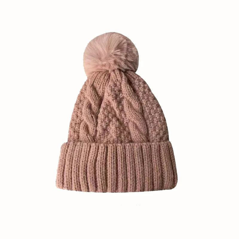 New Winter Twist Knitting Hat For Women Fur Pompom Thick Plush Cap Beanie Solid Color Ladies Warm Ski Snow Skullies Beanies Purest Peak