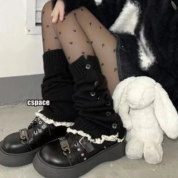 JK Girls Leg Sock Set Lolita Button Lace Warm Sock Set New Button Lace Sock Set Straight Knitted Leg Warmers Quick Pick Grocers