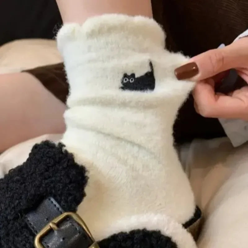3Pairs Premium Feel Cute Cat Cozy Hairy Mink Velvet Socks Autumn Winter Hosiery Thickened Plush Warm Sleep Home Fluffy Socks Purest Peak