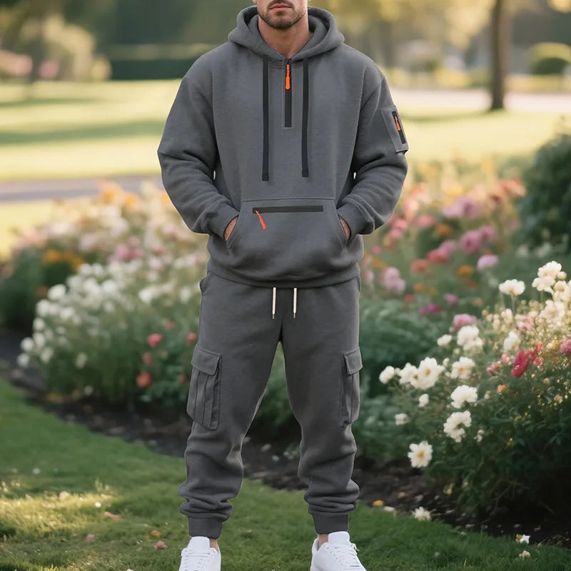 Men's sports suit style autumn and winter fleece men's casual sportswear zipper sweater multi-pocket work pants suit Quick Pick Grocers