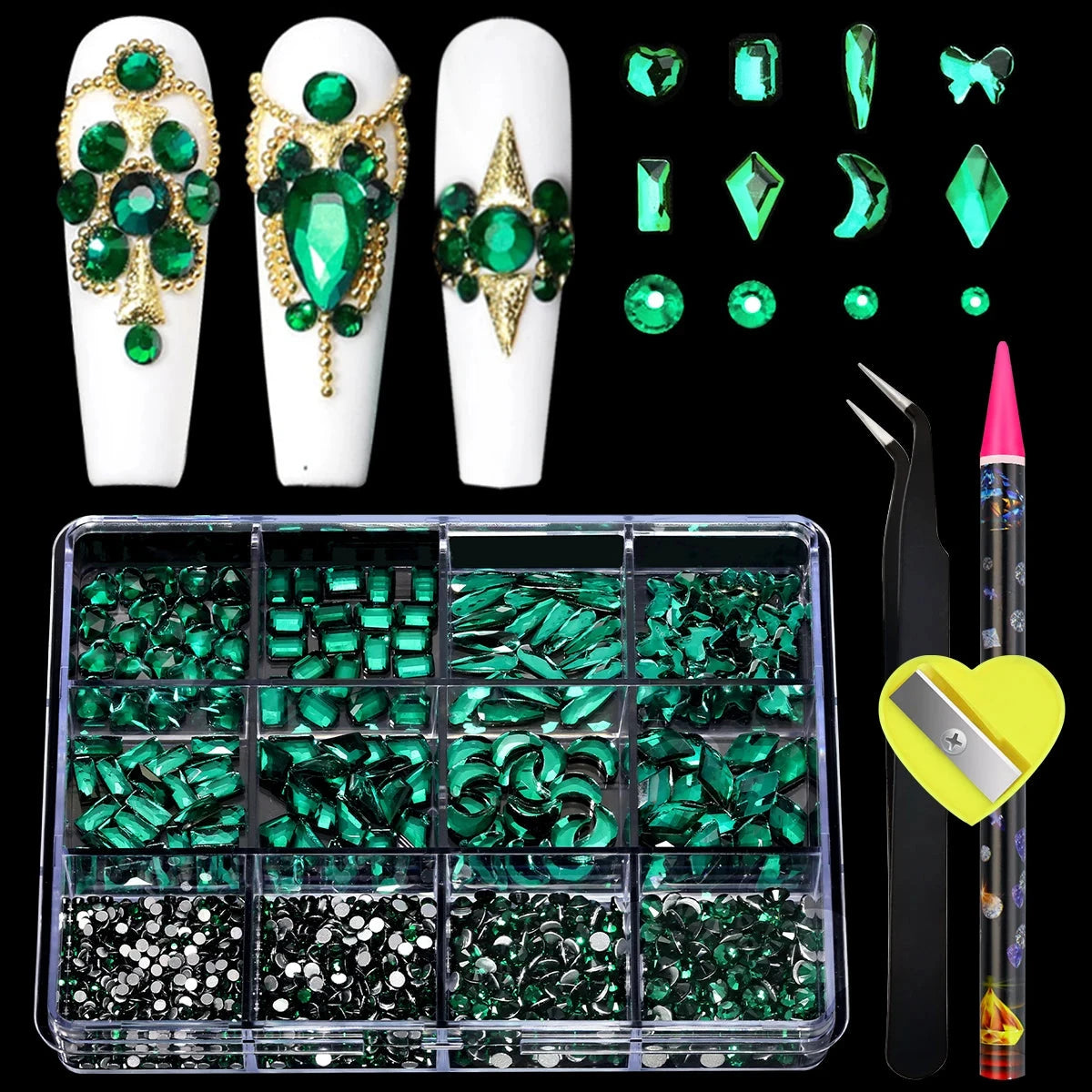 12 Grid Diamond Jewelry Set for Nail Art Decorations Nail Ab Flat Bottom Drill Nail Art Luxe Nail Shaped Diamond Illusion Color Econic Blanks