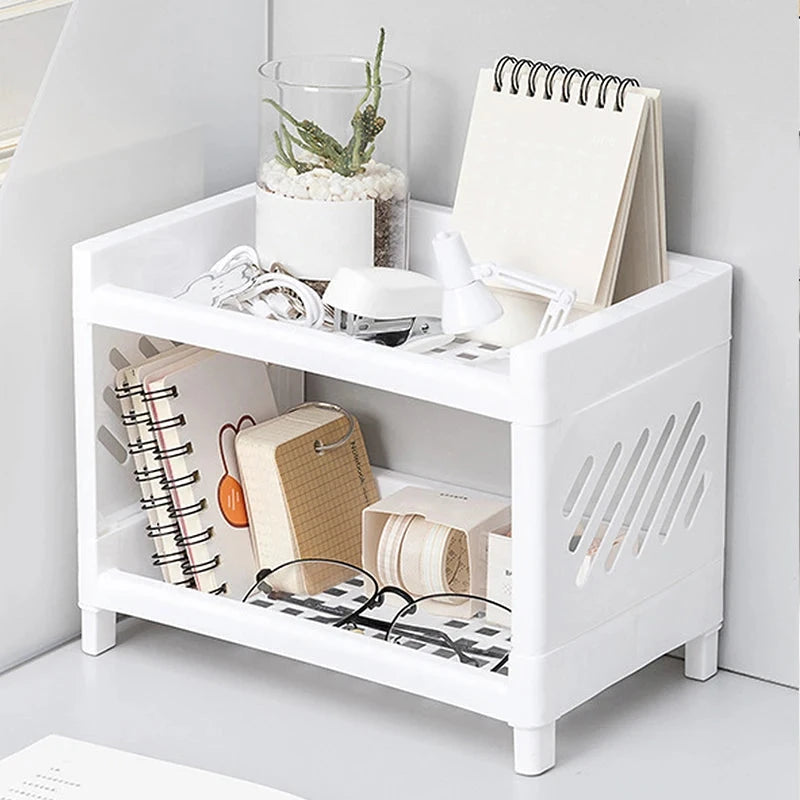1PC PP Desktop Double Layer Storage Rack Rectangular White Organizing Student Desk Office Cosmetics Stationery Econic Blanks