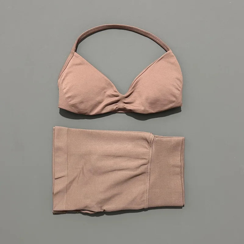HISTELLO Gym Set 2 Piece Women Strappy Yoga Bra Top Workout Scrunch Shorts Sports Suit Fitness Clothes Seamless Yoga Set Quick Pick Grocers