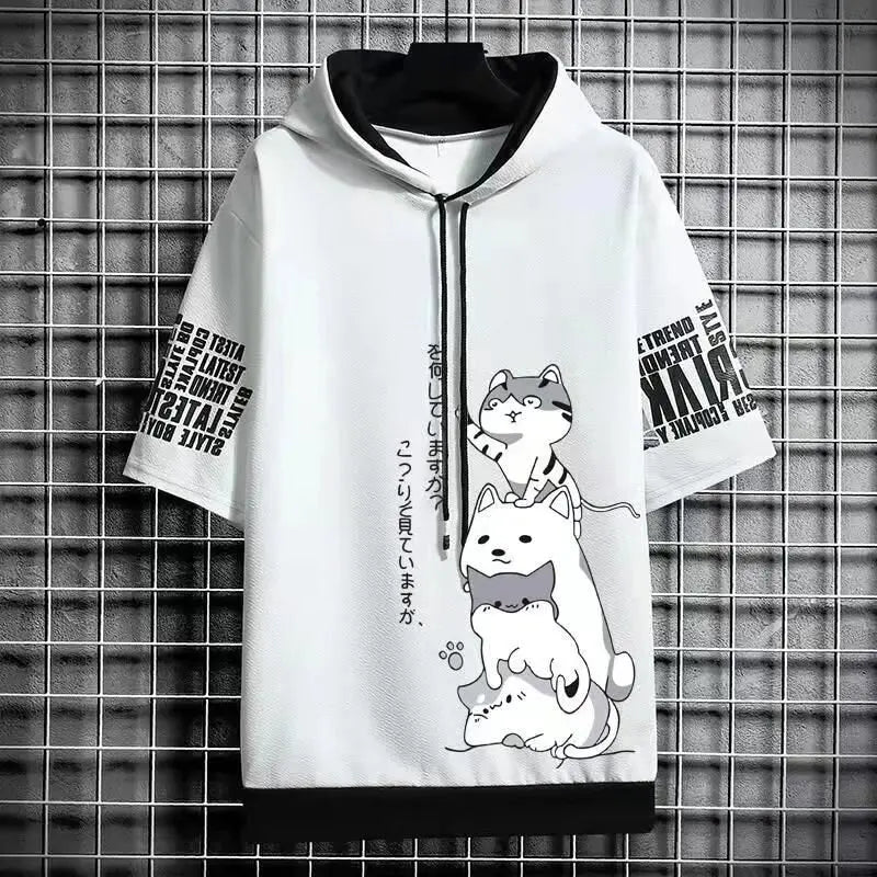 Japan Fashion Men's Hoodies Summer Men Clothing Cartoon Casual Harajuku Streetwear Print Hooded Top Short Sleeve Sweatshirts Men Quick Pick Grocers