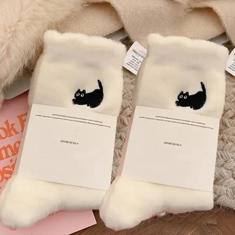 3Pairs Premium Feel Cute Cat Cozy Hairy Mink Velvet Socks Autumn Winter Hosiery Thickened Plush Warm Sleep Home Fluffy Socks Purest Peak