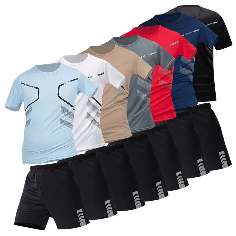 2/4/6 Pcs Plus Size Men's Quick-drying Short-sleeved Shorts Suit Men's Leisure Sports Running Fitness T-shirt Joker Shorts Teen Quick Pick Grocers