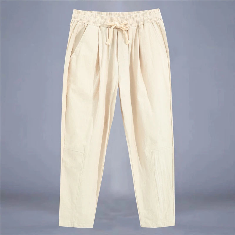 Men's Trousers Cotton Linen Fashion Casual Pants Solid Color Breathable Loose Shorts Straight Drawstring Pants Streetwear Men Quick Pick Grocers