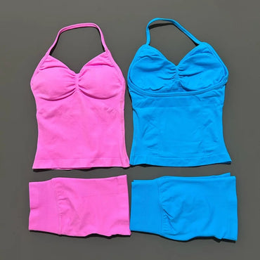 HISTELLO 2 Pieces Sports Set Women Yoga Longline Strap Top Scrunch Seamless Shorts Sport Gym Set Sportswear Workout Fitness Set Quick Pick Grocers