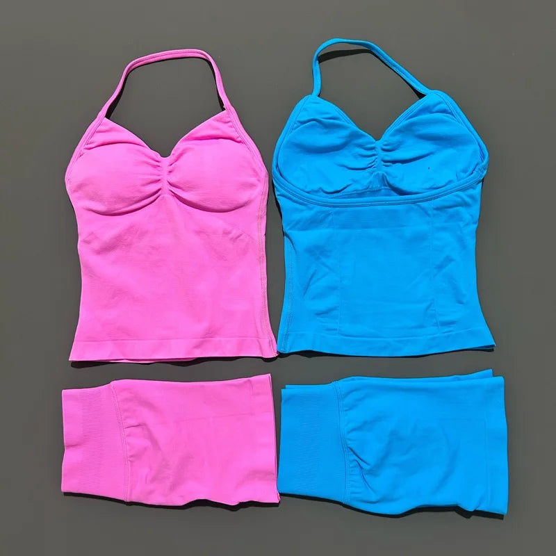 HISTELLO 2 Pieces Sports Set Women Yoga Longline Strap Top Scrunch Seamless Shorts Sport Gym Set Sportswear Workout Fitness Set Quick Pick Grocers
