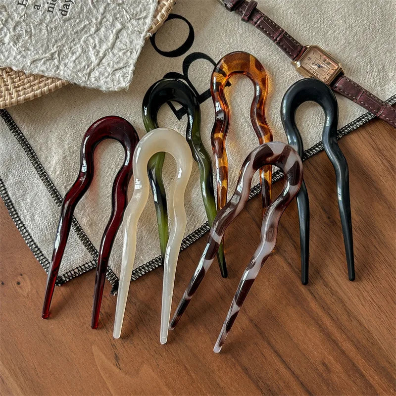 U-Shaped Hair Fork Fashion Tortoiseshell Acetate Acrylic Hairpin Geometric Headwear Hair Sticks Women Girls Hair Accessories Quick Pick Grocers