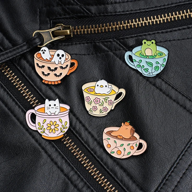 Creative Coffee Cup Animal Collection Enamel Pins Ghost Duck Capybara Frog Brooch Lapel Badge Cute Halloween Jewelry Kid Gift  ﻿ Quick Pick Grocers