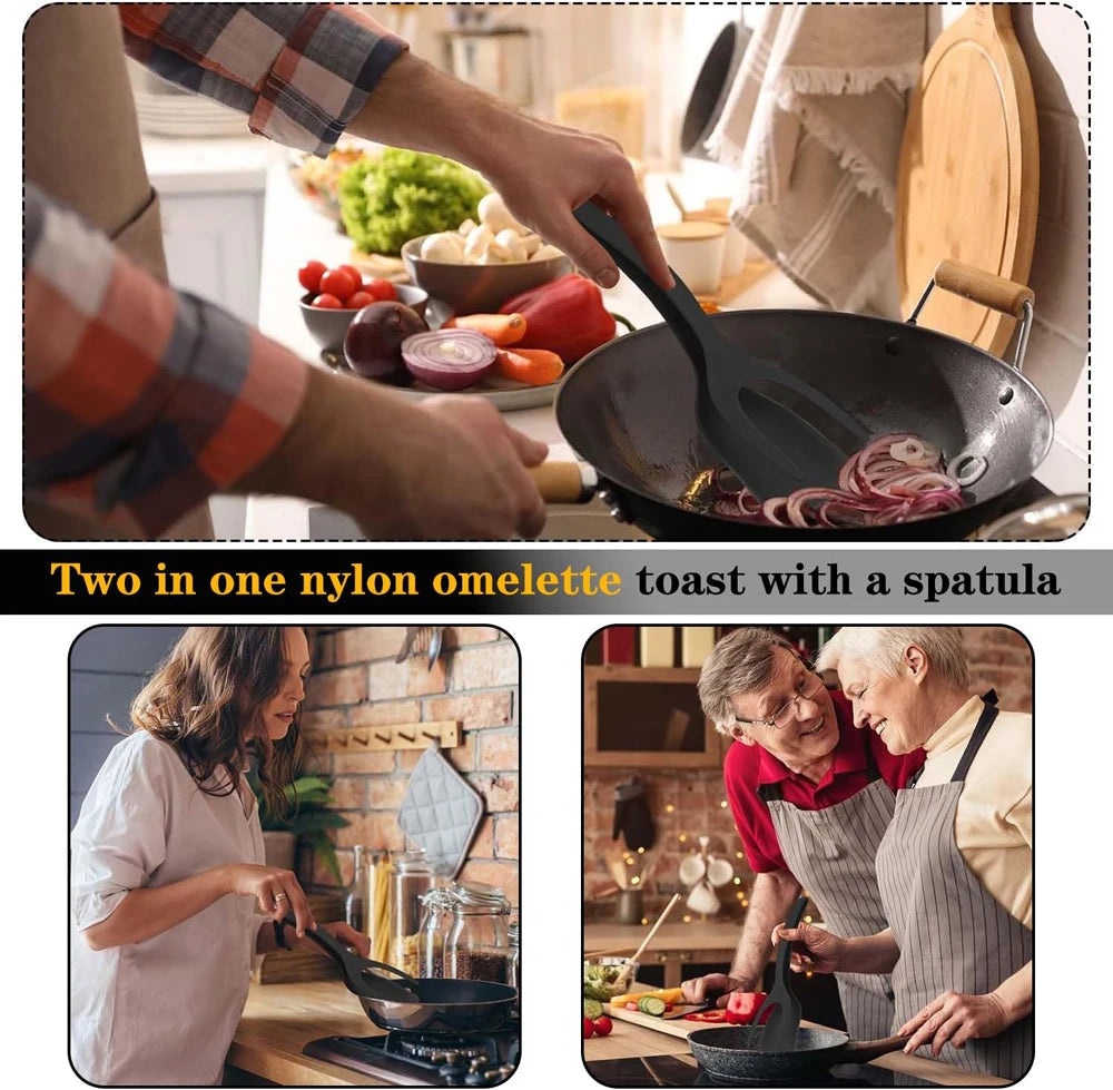 New 2 in 1 Grip Flip Spatula Tongs Egg Flipper Spatula Nylon Non Stick Coating Pancake Fish French Toast Omelet Making Tool Econic Blanks