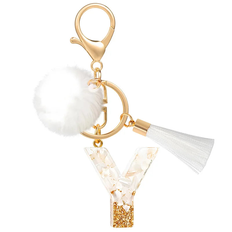 Creative Resin Initials White Fringe Fur Ball Women Keychain A-Z Letter Pendant Handbag Decor Car Key Ring Jewelry Gift Quick Pick Grocers