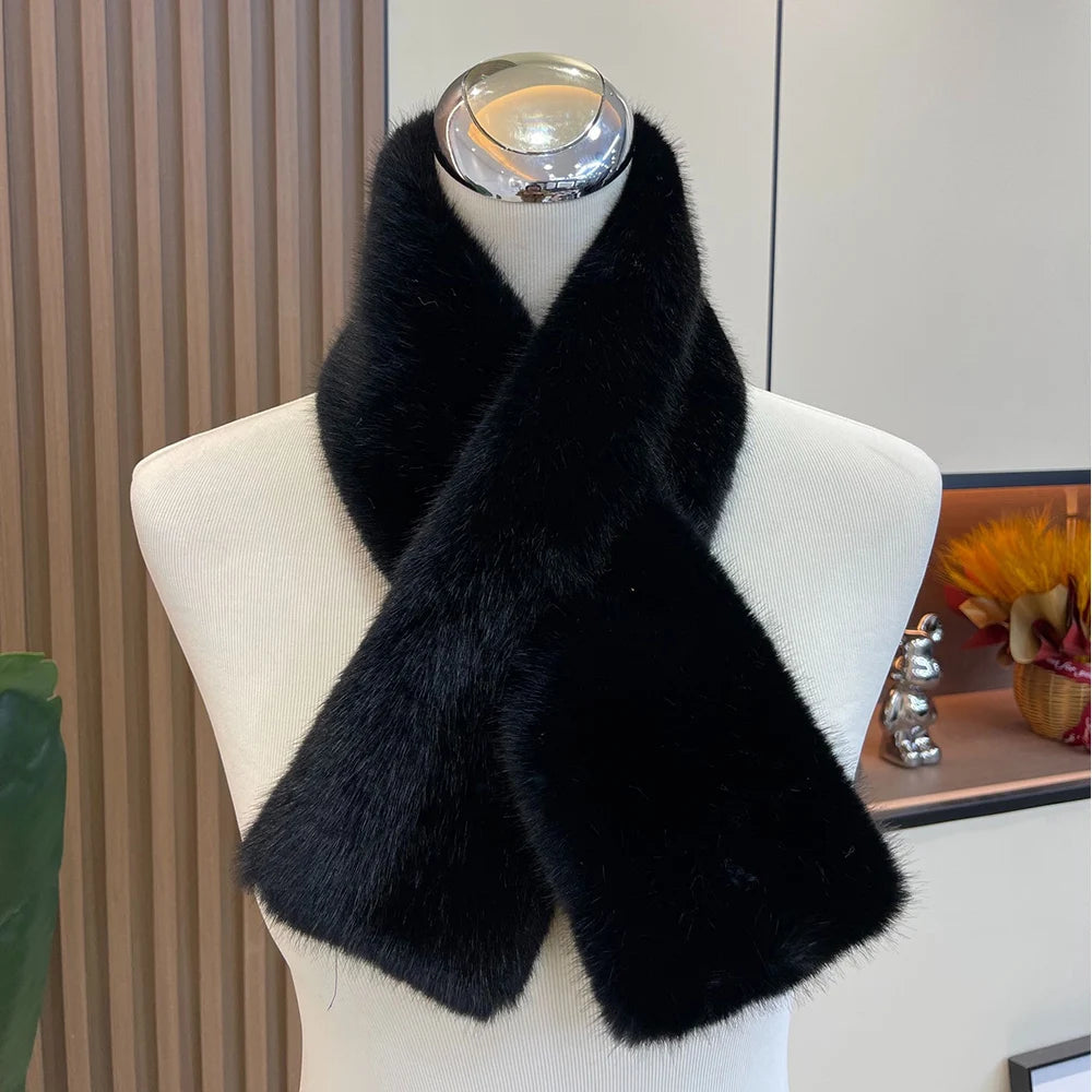 Women Winter Warm Thicken Cross Collar Scarf Solid Color Faux Rabbit Fur Cold Proof Scarves Fashion Soft Furry Neck Warmer Quick Pick Grocers