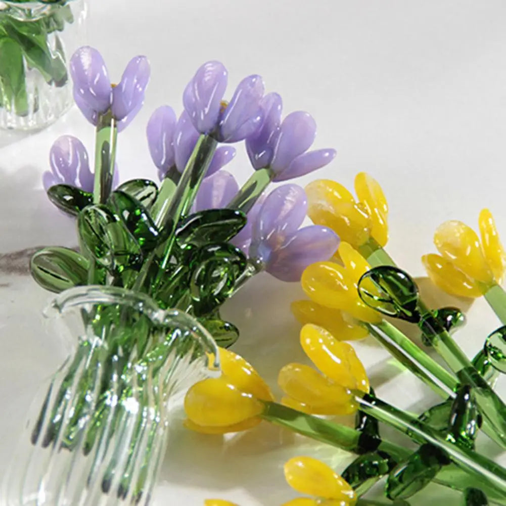 Glass Flower Decor Handcrafted Floral Sculpture Hand-blown Glass Flower Bouquet with Vase Mini Floral Decoration for Home Room Quick Pick Grocers