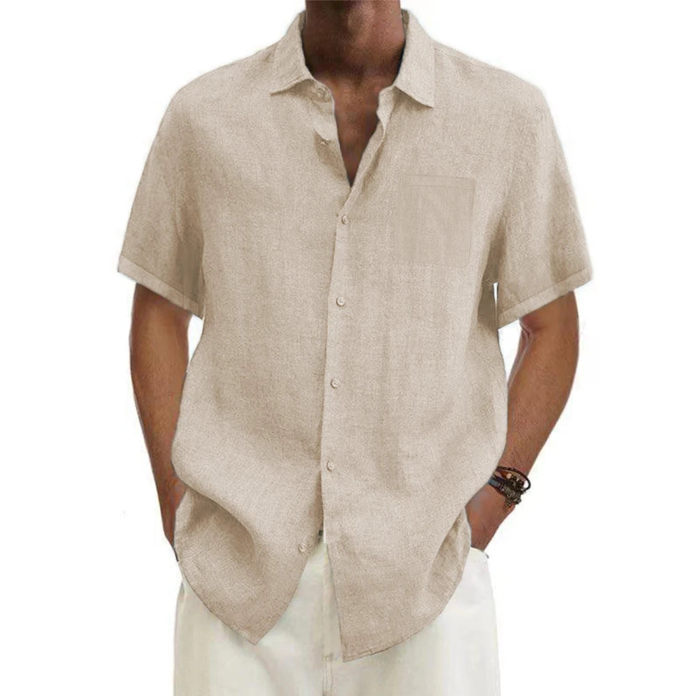 men Cotton Linen Hot Sale Men's Short-Sleeved Shirts Summer Solid Color Turn-down collar Casual Beach Style Plus Size tops Quick Pick Grocers