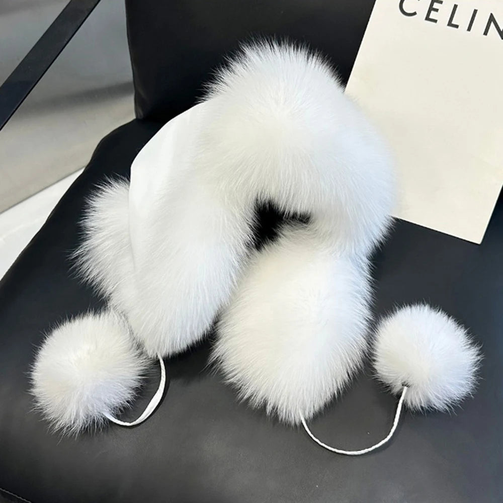 2025 100% Real Fox Fur Hats Women's Russian Ushanka Aviator Trapper Snow Skiing Hat Caps Earflap Winter Raccoon Fur Bomber Hat Purest Peak