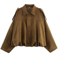 HXAO Women's Bomber Jacket Lapel Long Sleeve Zipper Suede Jacket Women 2025 High Street Cropped Racing Jackets Coats Outerwears Econic Blanks
