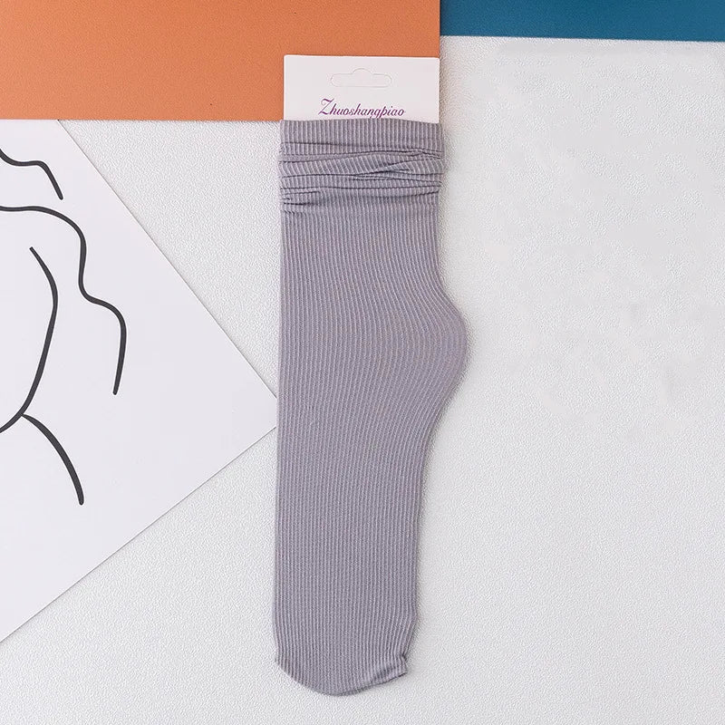 INS Women Girls Summer Thin Long Socks Ice Velvet Soft Breathable Pile of Socks Solid Black White Beige Harajuku High Tube Socks Quick Pick Grocers
