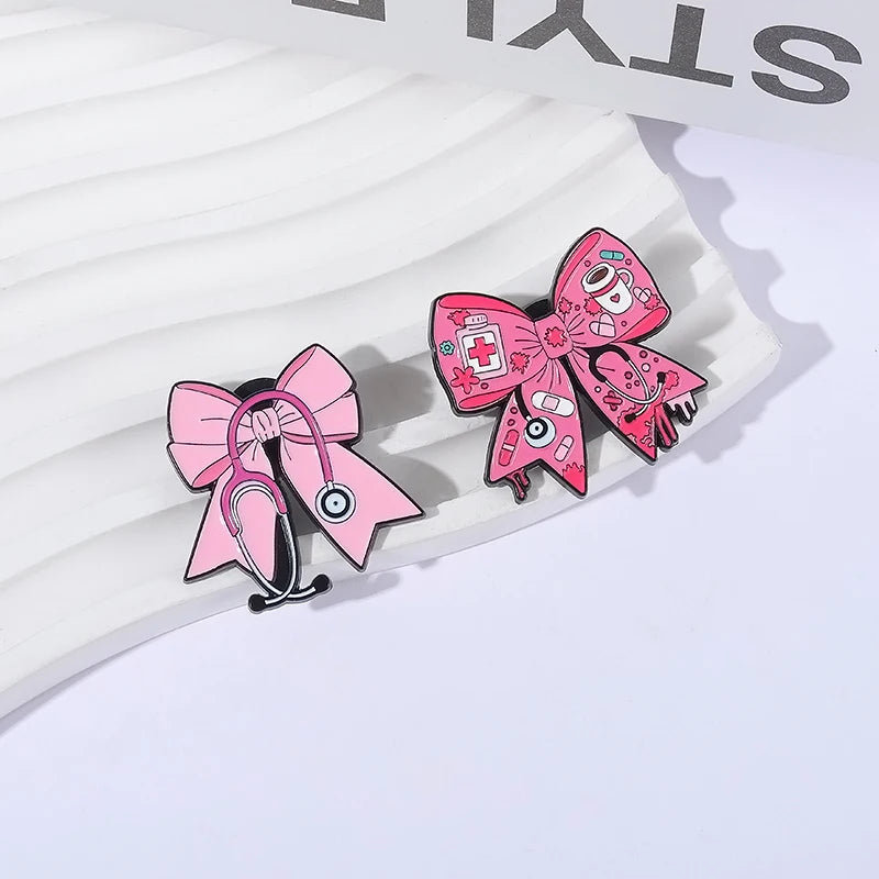 Pink Bowknot Medical Tools Stethoscope Enamel Pins Surgical Gloves Capsule Band Aid Brooches Clothes Lapel Badges Jewelry Gift Quick Pick Grocers