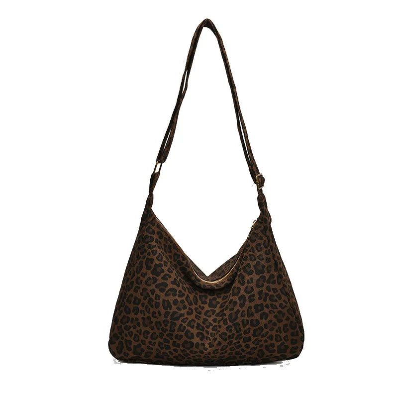 Trendy Casual Soft Textile Women's Shoulder Bag Large Capacity Leopard Print Female Retro Crossbody Bag For Commute Outings Quick Pick Grocers