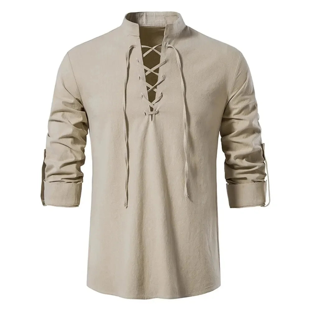 King Billion Men's Shirts Casual Men Cotton Linen Long Sleeve T-shirt Spring Autumn Vintage Shirt US Size Drawstring Neck Quick Pick Grocers