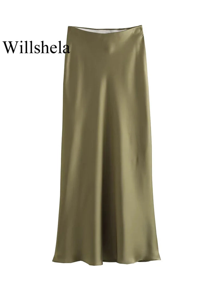 Willshela 2024 Black Satin Skirt Woman High Waist Elegant Long Skirts For Women Fashion Summer Midi Skirt Office Women's Skirts Quick Pick Grocers