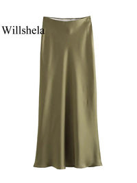 Willshela 2024 Black Satin Skirt Woman High Waist Elegant Long Skirts For Women Fashion Summer Midi Skirt Office Women's Skirts Quick Pick Grocers