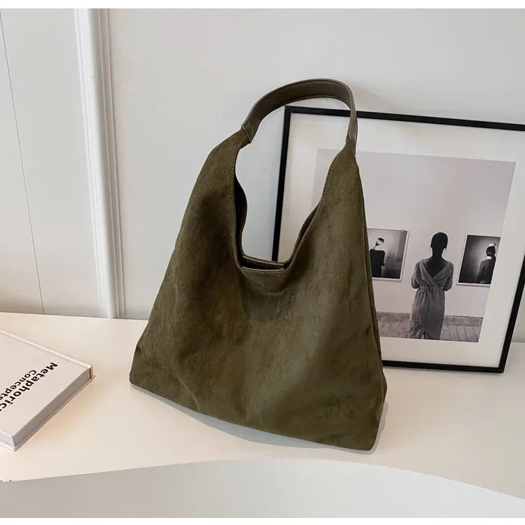 Autumn and Winter Vintage Women's Bag Large Capacity Suede Shoulder Bag Solid Color Simple Casual Commuter Bag Retro Handbags Quick Pick Grocers
